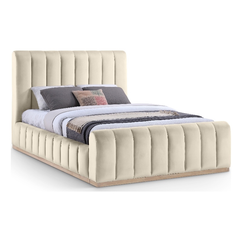 Bowery Hill Contemporary Cream Durable Velvet Queen Fully Slatted Bed