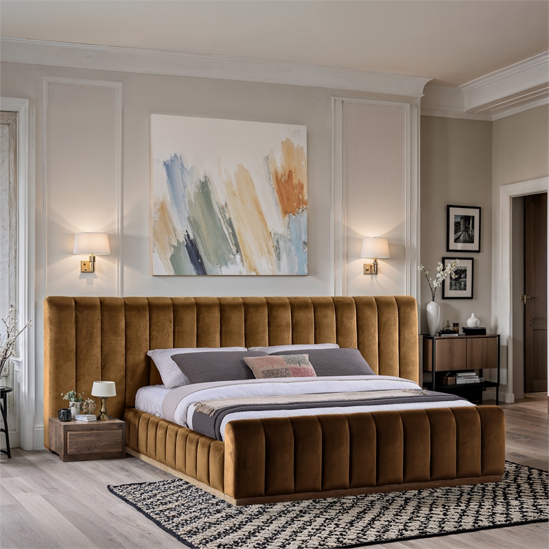 Bowery Hill Contemporary Saddle Velvet King Bed with Added Panels