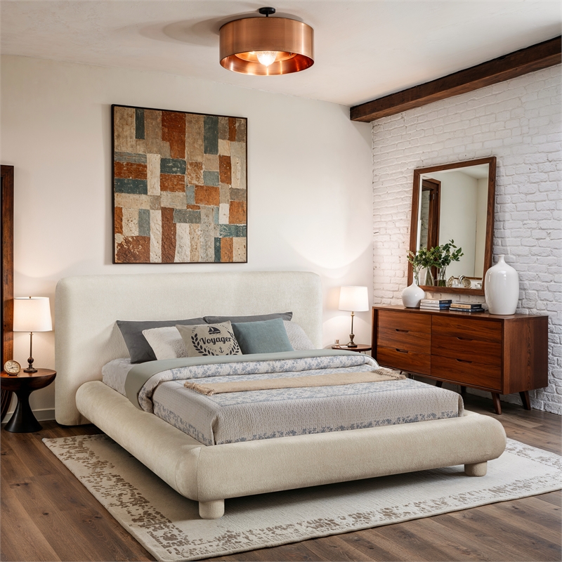 Bowery Hill Contemporary Cream Chenille Fabric Upholstered Queen Bed
