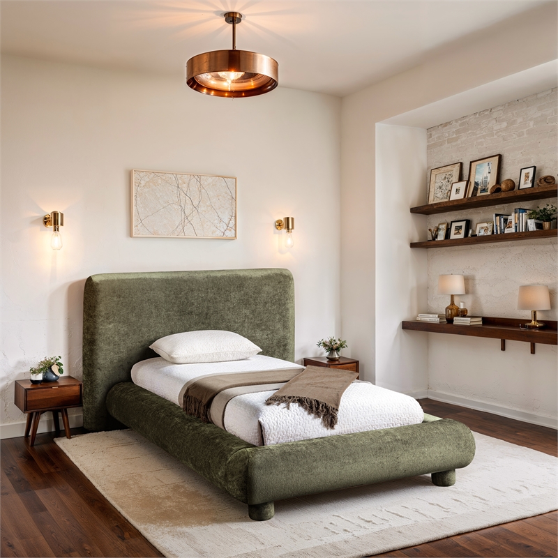 Bowery Hill Contemporary Green Chenille Fabric Upholstered Twin Bed