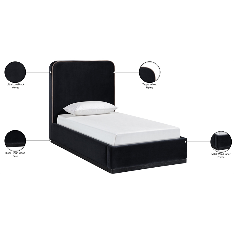 Bowery Hill Contemporary Black Durable Velvet Upholstered Twin Bed