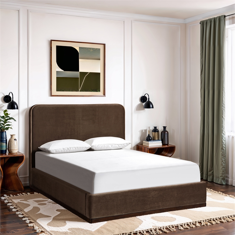 Bowery Hill Contemporary Brown Durable Velvet Upholstered Full Bed