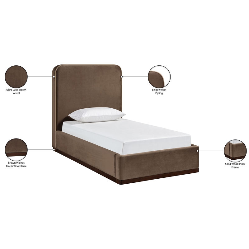 Bowery Hill Contemporary Brown Durable Velvet Upholstered Twin Bed