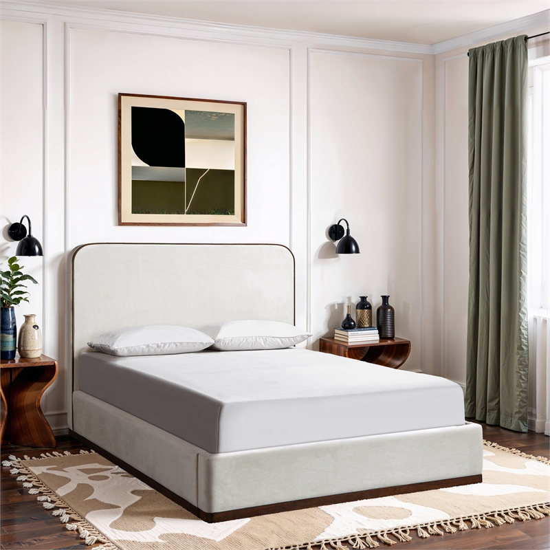 Bowery Hill Contemporary Cream Durable Velvet Upholstered Full Bed