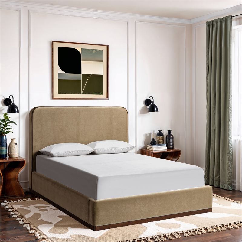 Bowery Hill Contemporary Beige Durable Velvet Upholstered Queen Bed