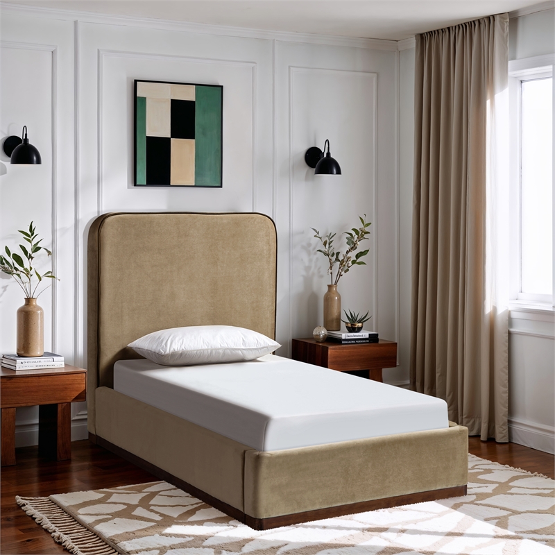 Bowery Hill Contemporary Beige Durable Velvet Upholstered Twin Bed
