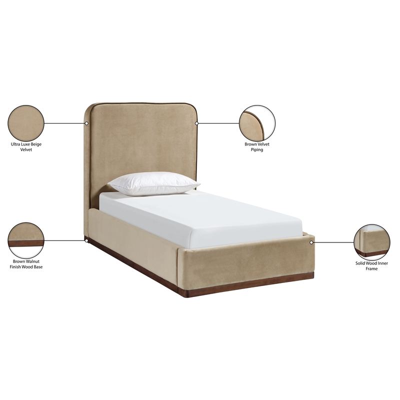 Bowery Hill Contemporary Beige Durable Velvet Upholstered Twin Bed