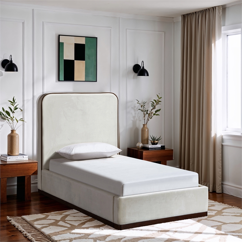 Bowery Hill Contemporary Cream Durable Velvet Upholstered Twin Bed