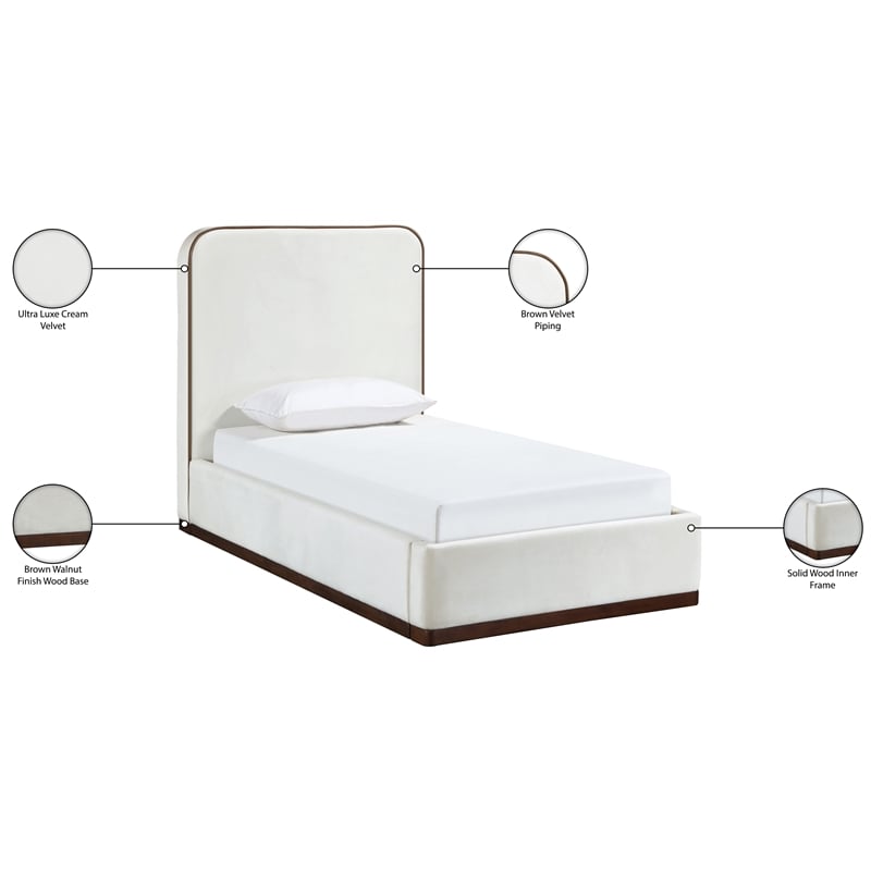 Bowery Hill Contemporary Cream Durable Velvet Upholstered Twin Bed