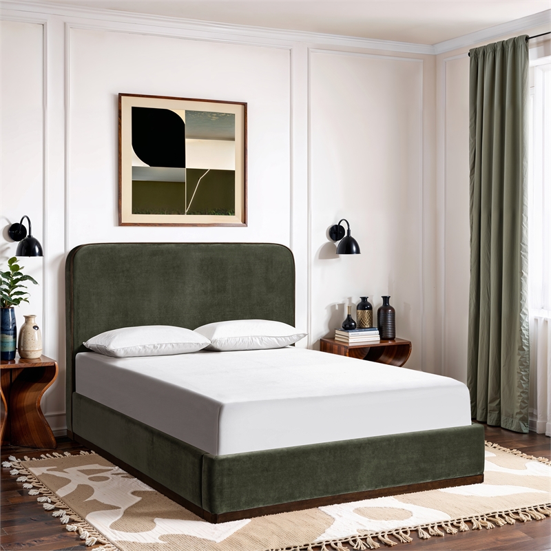 Bowery Hill Contemporary Green Durable Velvet Upholstered Full Bed