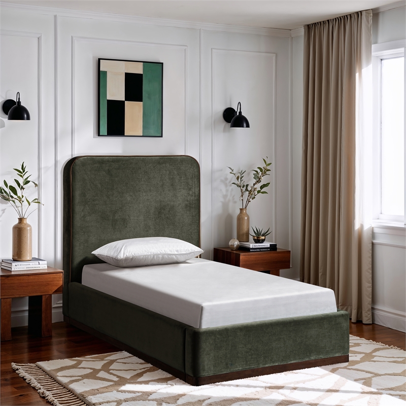 Bowery Hill Contemporary Green Durable Velvet Upholstered Twin Bed