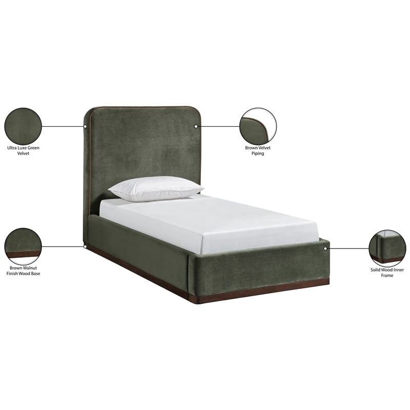 Bowery Hill Contemporary Green Durable Velvet Upholstered Twin Bed