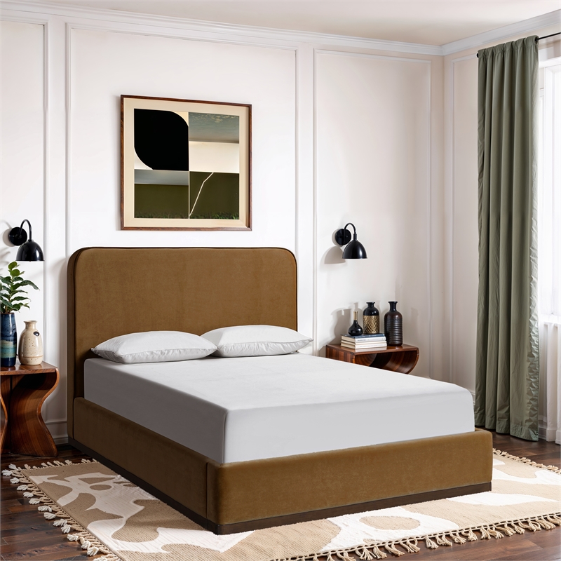 Bowery Hill Contemporary Saddle Velvet Upholstered Queen Bed