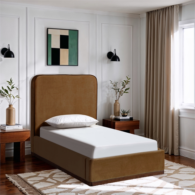 Bowery Hill Contemporary Saddle Durable Velvet Upholstered Twin Bed