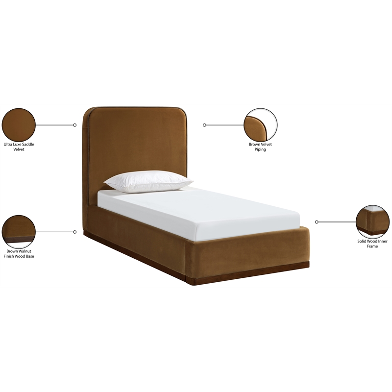 Bowery Hill Contemporary Saddle Durable Velvet Upholstered Twin Bed