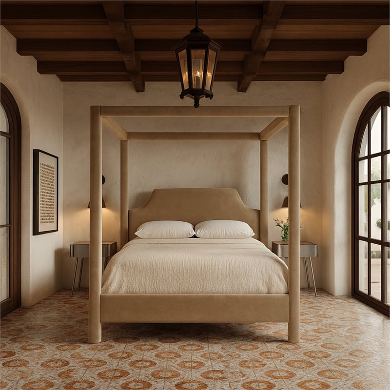 Bowery Hill Contemporary Beige Durable Velvet Upholstered Queen Bed