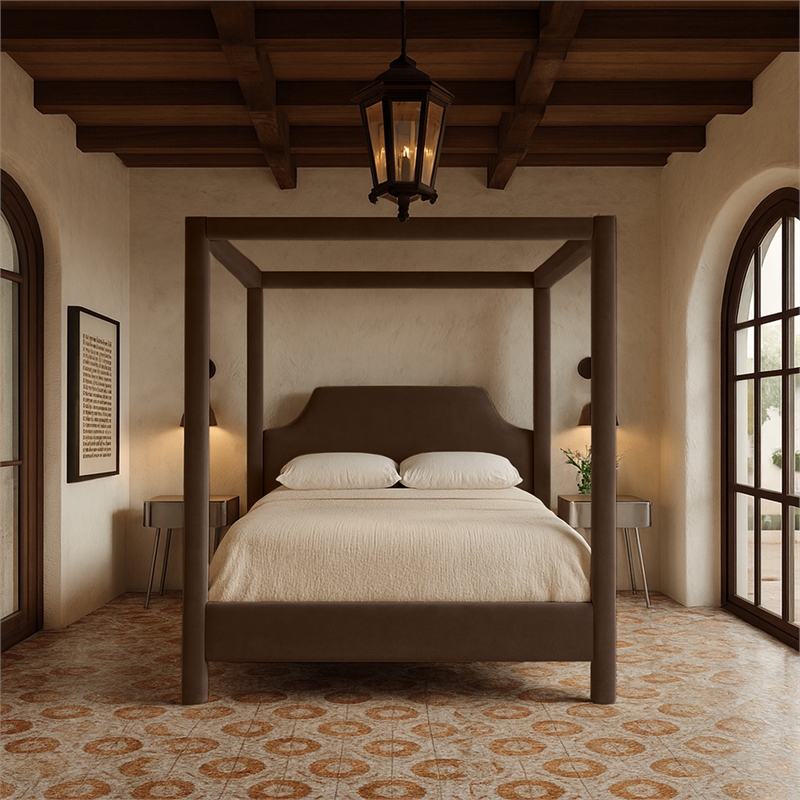 Bowery Hill Contemporary Brown Durable Velvet Upholstered Queen Bed