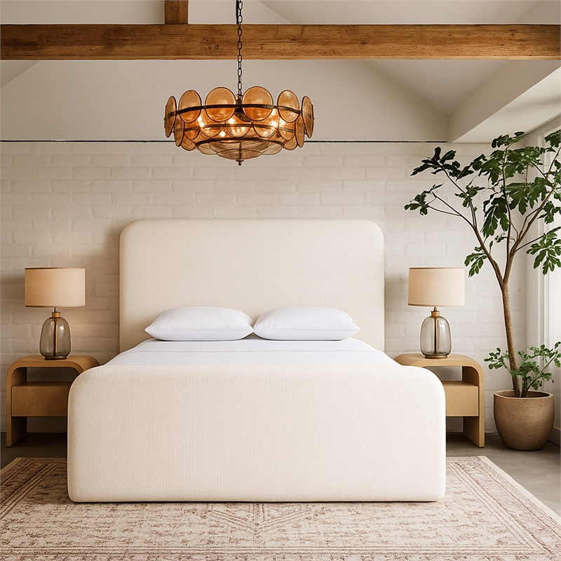 Bowery Hill Contemporary Cream Linen Textured Fabric King Bed