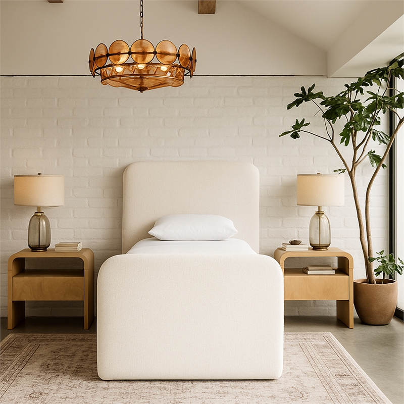 Bowery Hill Contemporary Cream Linen Textured Fabric Twin Bed