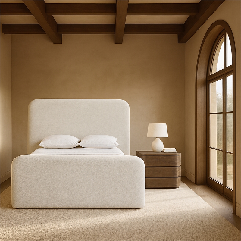 Bowery Hill Contemporary Soft Cream Chenille Fabric Queen Bed