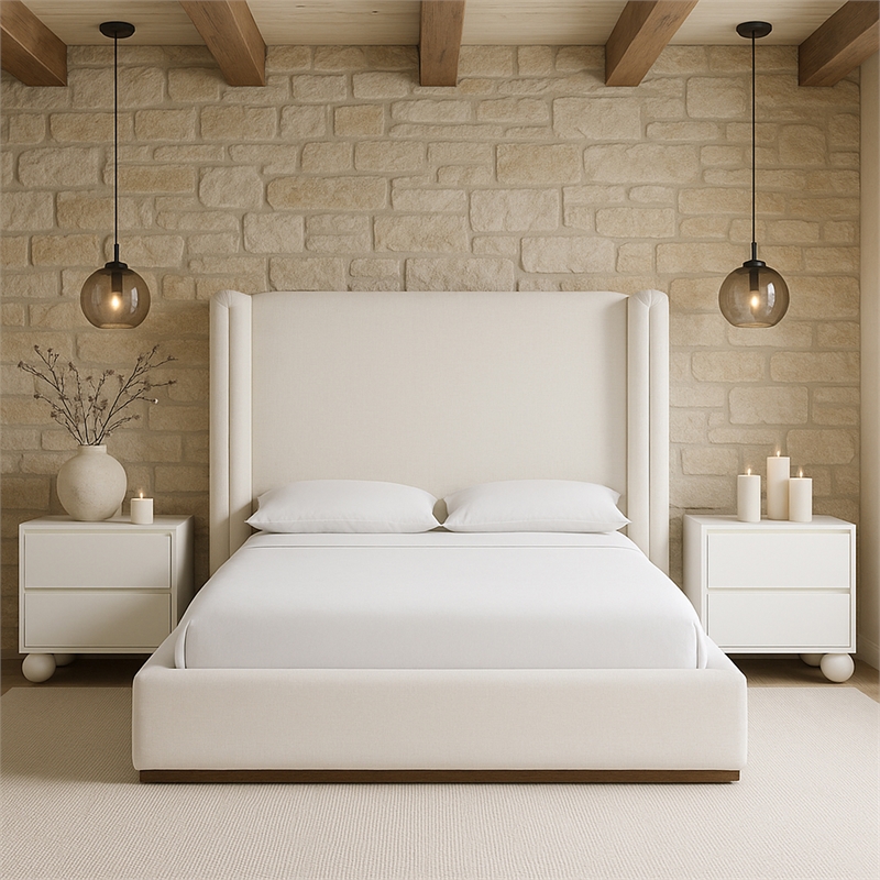 Bowery Hill Contemporary Cream Linen Textured Fabric Upholstered Full Bed