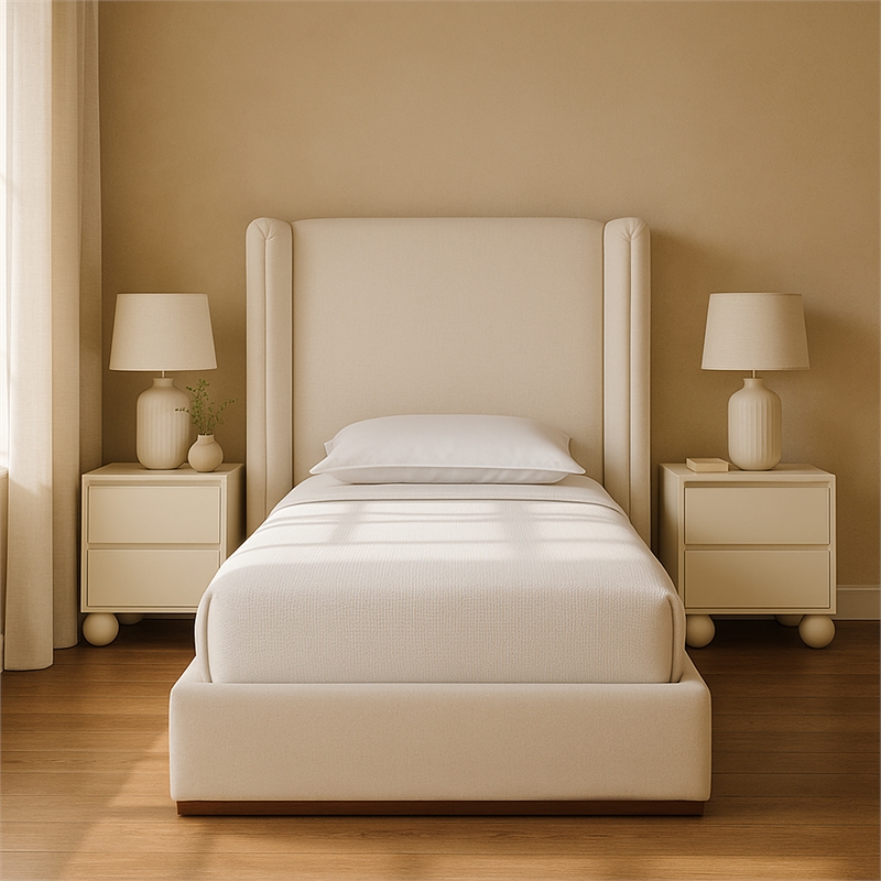 Bowery Hill Contemporary Cream Linen Textured Fabric Upholstered Twin Bed