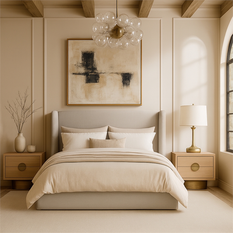 Bowery Hill Contemporary Beige Linen Textured Fabric Upholstered Full Bed