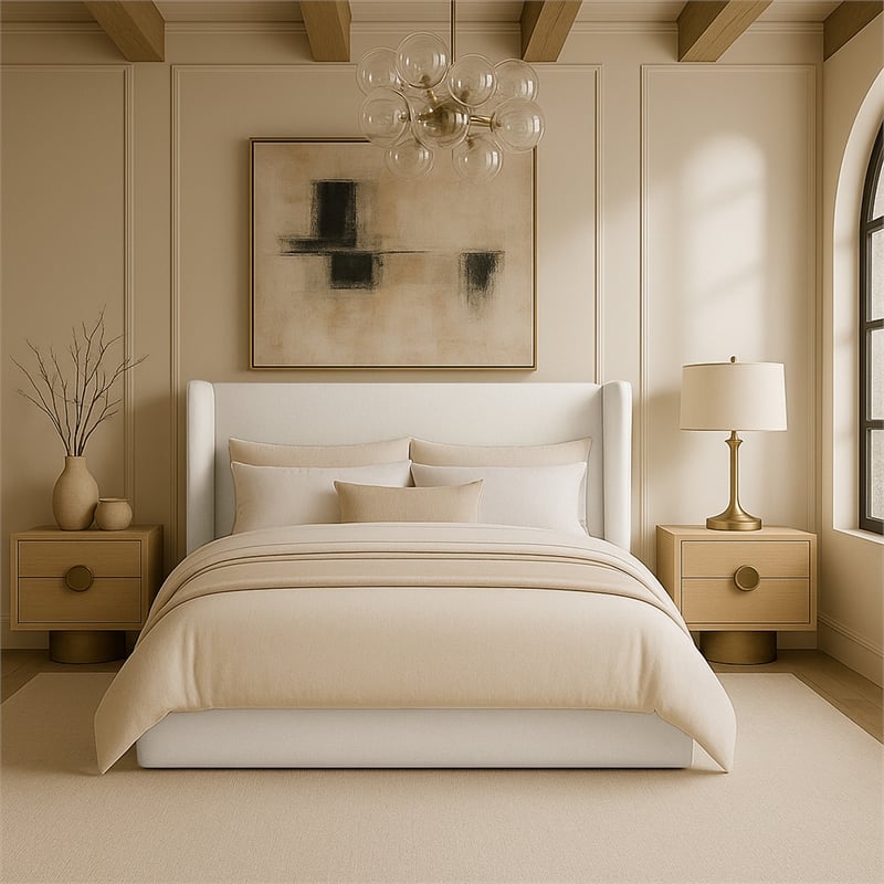 Bowery Hill Contemporary Cream Linen Textured Fabric Upholstered King Bed