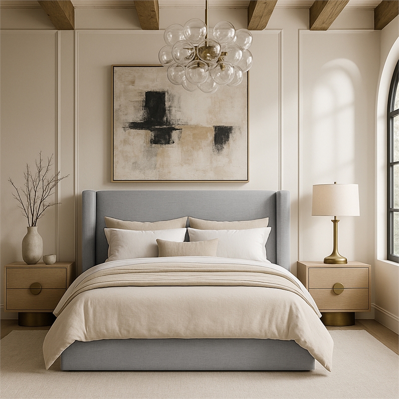 Bowery Hill Contemporary Grey Linen Textured Fabric Upholstered King Bed