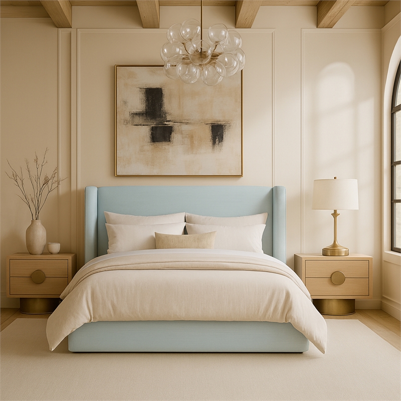 Bowery Hill Contemporary Light Blue Linen Textured Fabric Upholstered Full Bed