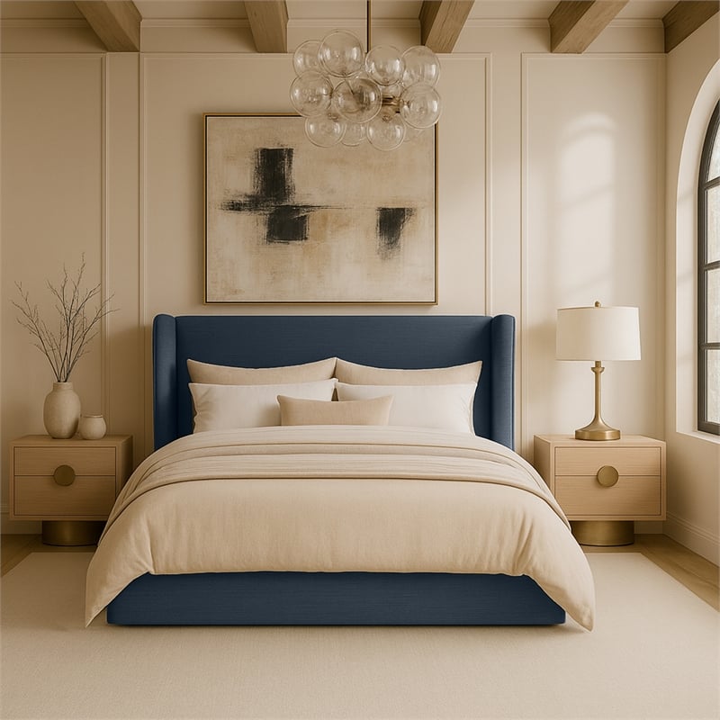 Bowery Hill Contemporary Navy Linen Textured Fabric Upholstered Full Bed