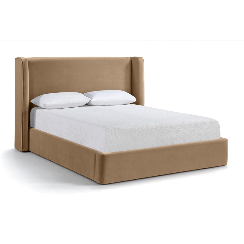 Bowery Hill Contemporary Beige Velvet Upholstered Full Fully Slatted Bed