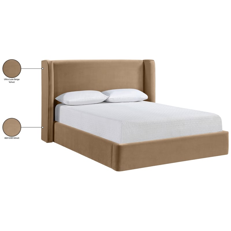 Bowery Hill Contemporary Beige Velvet Upholstered Queen Fully Slatted Bed