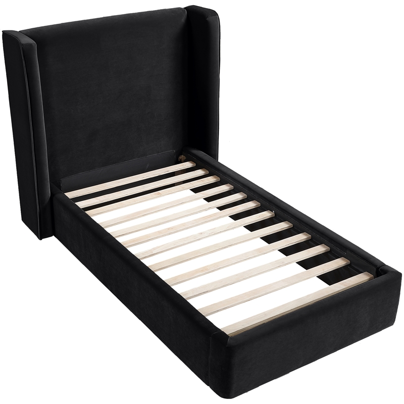 Bowery Hill Contemporary Black Velvet Upholstered Twin Fully Slatted Bed