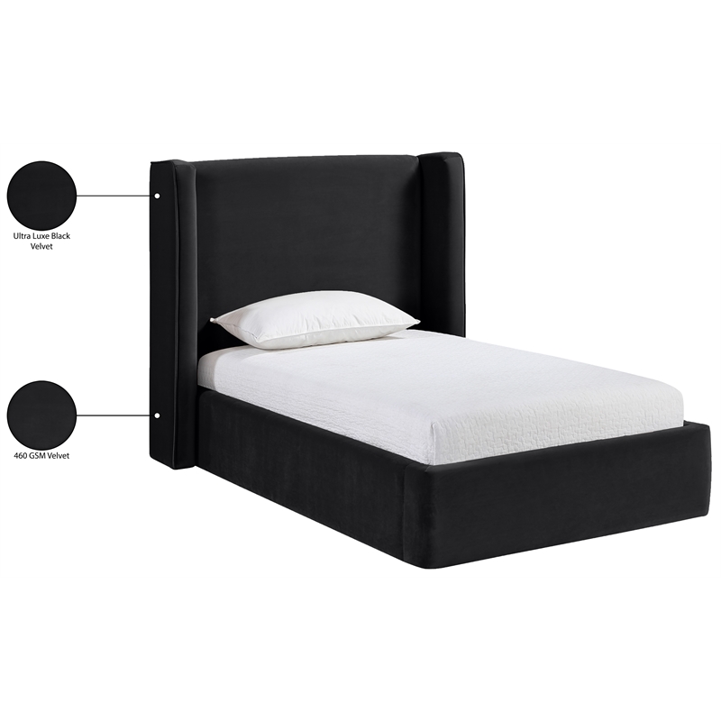 Bowery Hill Contemporary Black Velvet Upholstered Twin Fully Slatted Bed