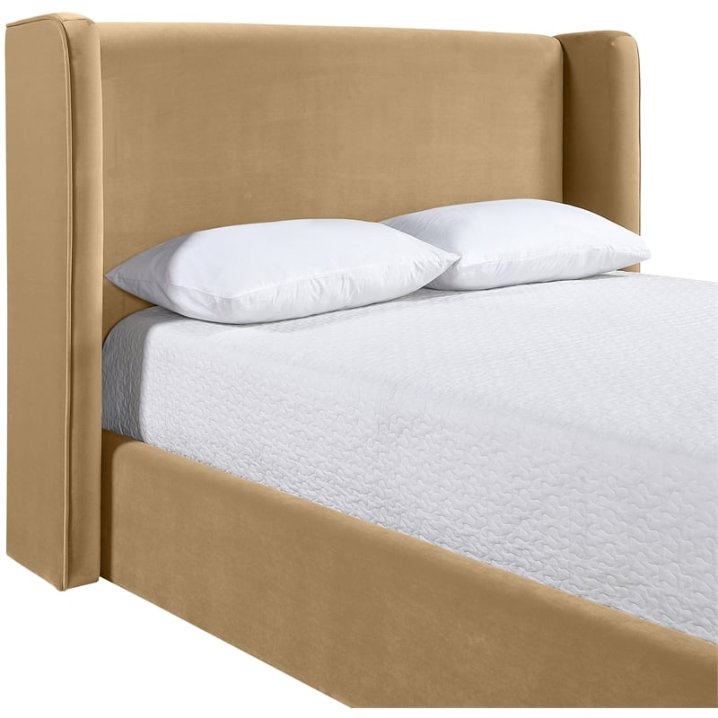 Bowery Hill Contemporary Camel Velvet Upholstered Queen Fully Slatted Bed