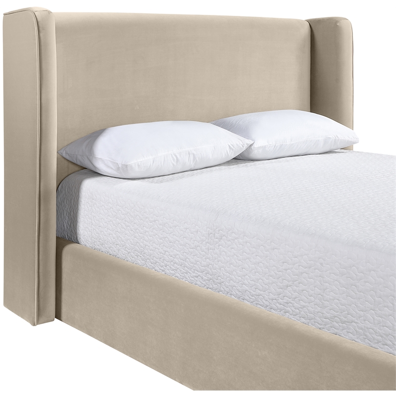 Bowery Hill Contemporary Cream Velvet Upholstered King Fully Slatted Bed