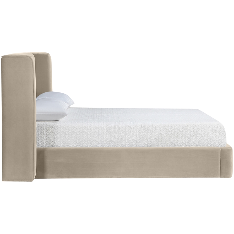 Bowery Hill Contemporary Cream Velvet Upholstered Queen Fully Slatted Bed