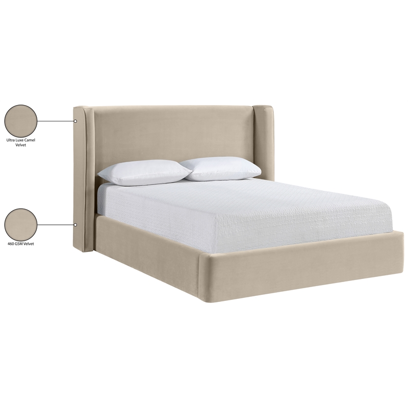 Bowery Hill Contemporary Cream Velvet Upholstered Queen Fully Slatted Bed