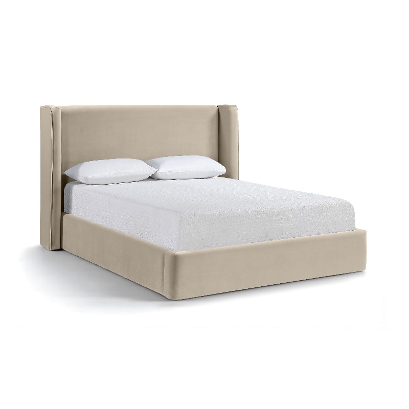 Bowery Hill Contemporary Cream Velvet Upholstered Queen Fully Slatted Bed