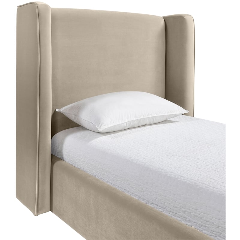 Bowery Hill Contemporary Cream Velvet Upholstered Twin Fully Slatted Bed