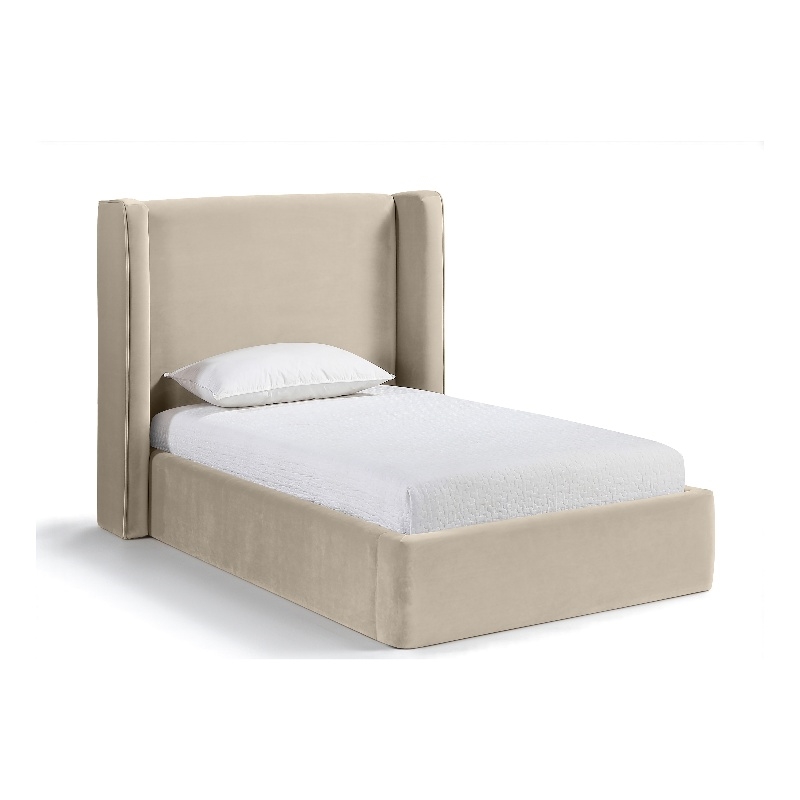 Bowery Hill Contemporary Cream Velvet Upholstered Twin Fully Slatted Bed