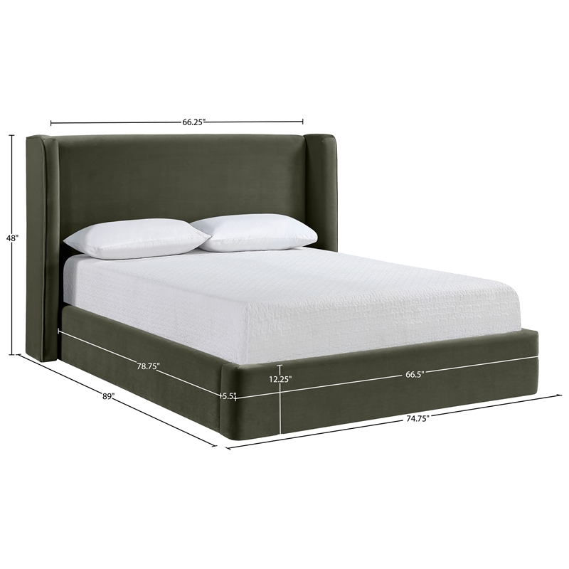 Bowery Hill Contemporary Green Velvet Upholstered Queen Fully Slatted Bed