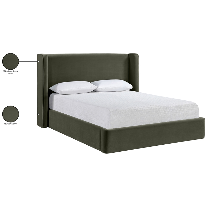 Bowery Hill Contemporary Green Velvet Upholstered Queen Fully Slatted Bed