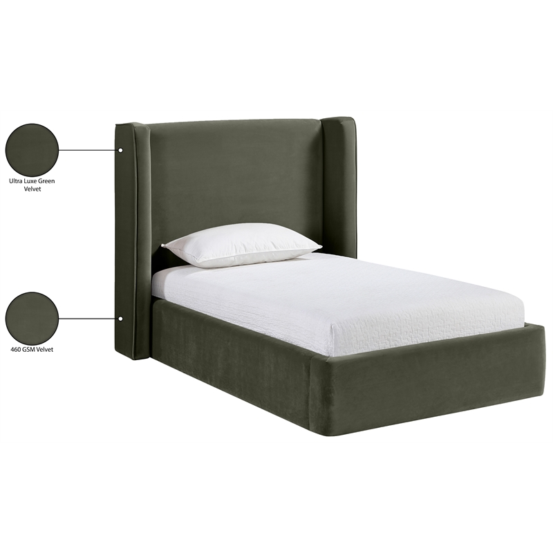 Bowery Hill Contemporary Green Velvet Upholstered Twin Fully Slatted Bed