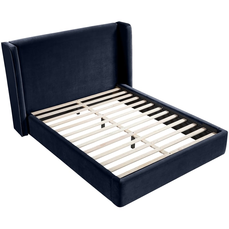 Bowery Hill Contemporary Navy Velvet Upholstered Full Fully Slatted Bed