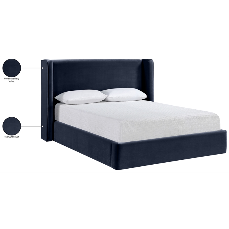 Bowery Hill Contemporary Navy Velvet Upholstered Full Fully Slatted Bed