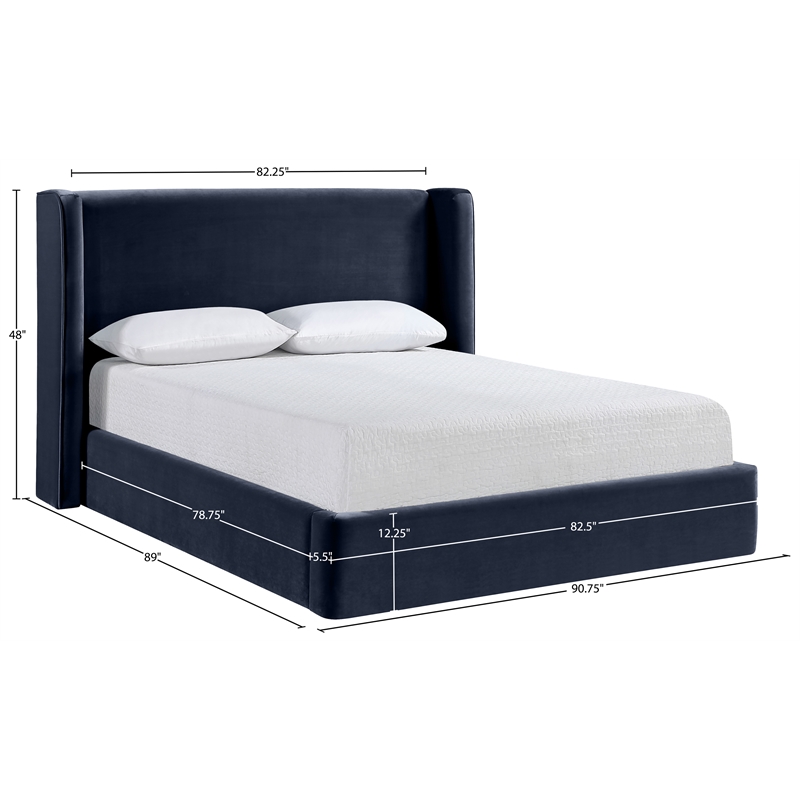 Bowery Hill Contemporary Navy Velvet Upholstered King Fully Slatted Bed