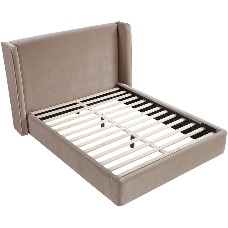 Bowery Hill Contemporary Taupe Velvet Upholstered Queen Fully Slatted Bed