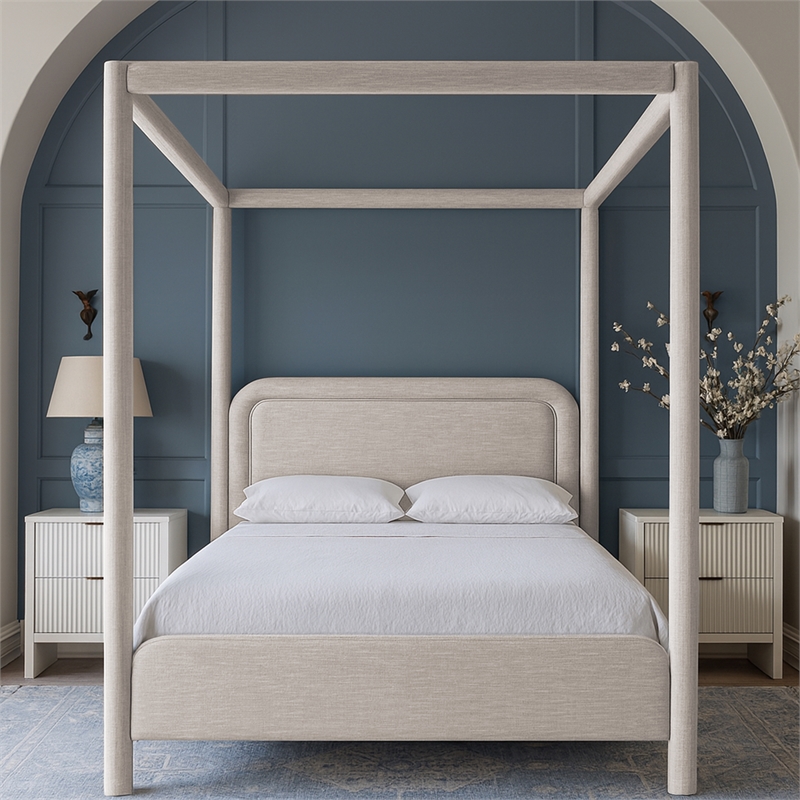 Bowery Hill Contemporary Beige Linen Textured Fabric Upholstered Queen Bed